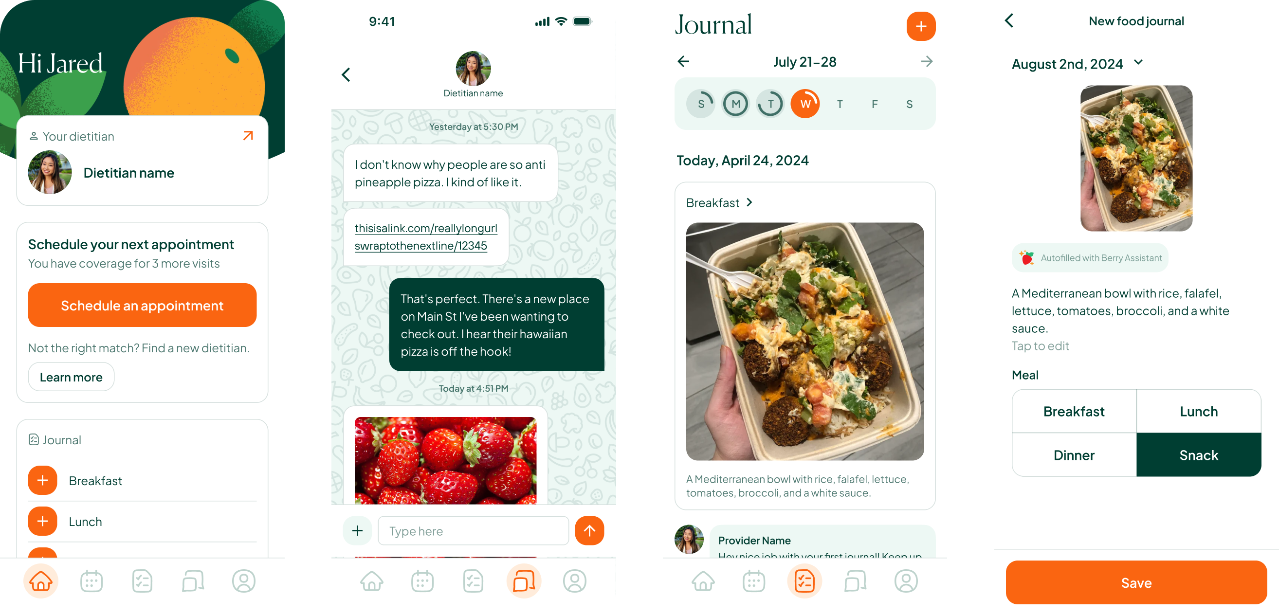 Initial app launch: Home screen, dietitian chat, and appointment scheduling