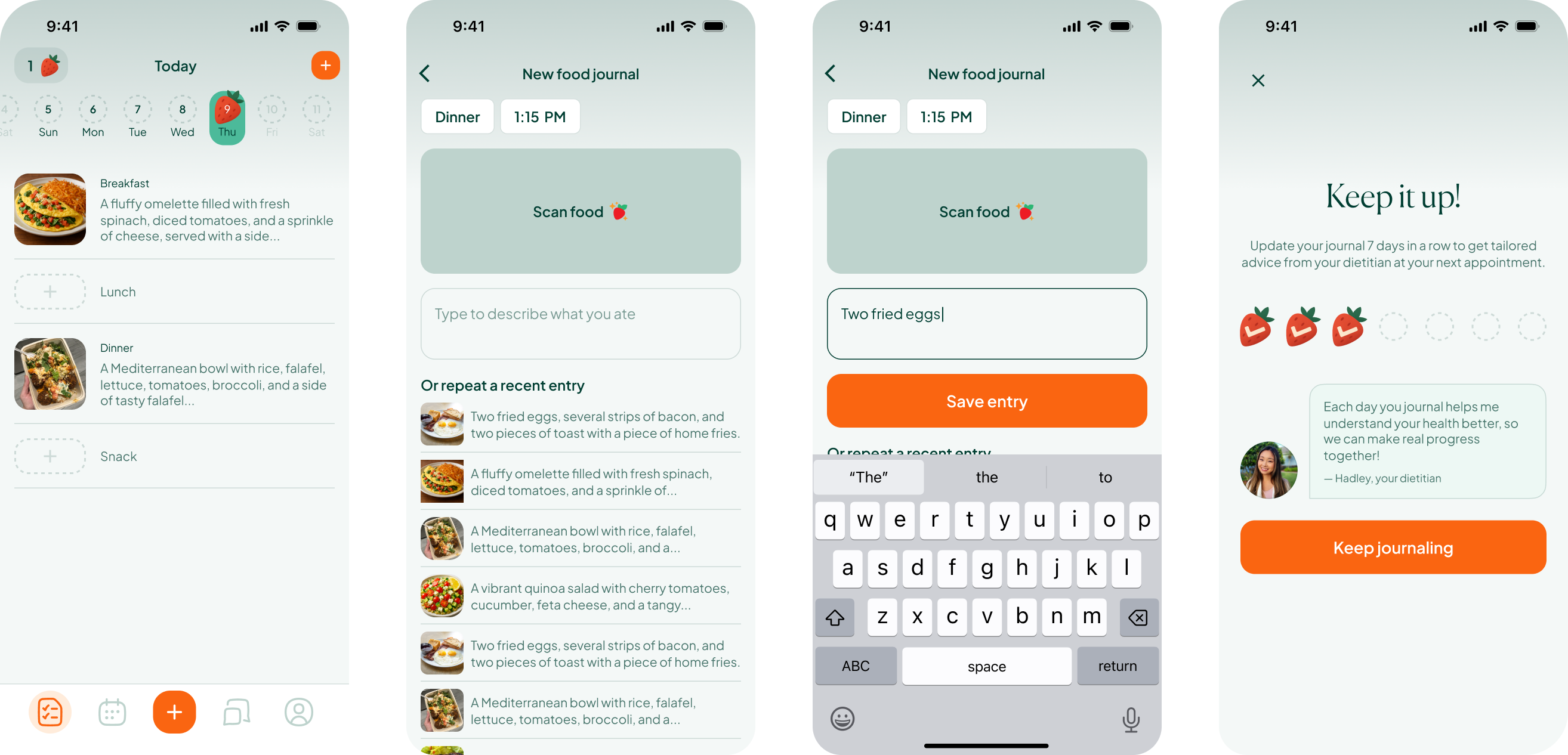 Refined food journal: daily view with AI descriptions, repeat entries, text-based logging, and gamified journaling streaks
