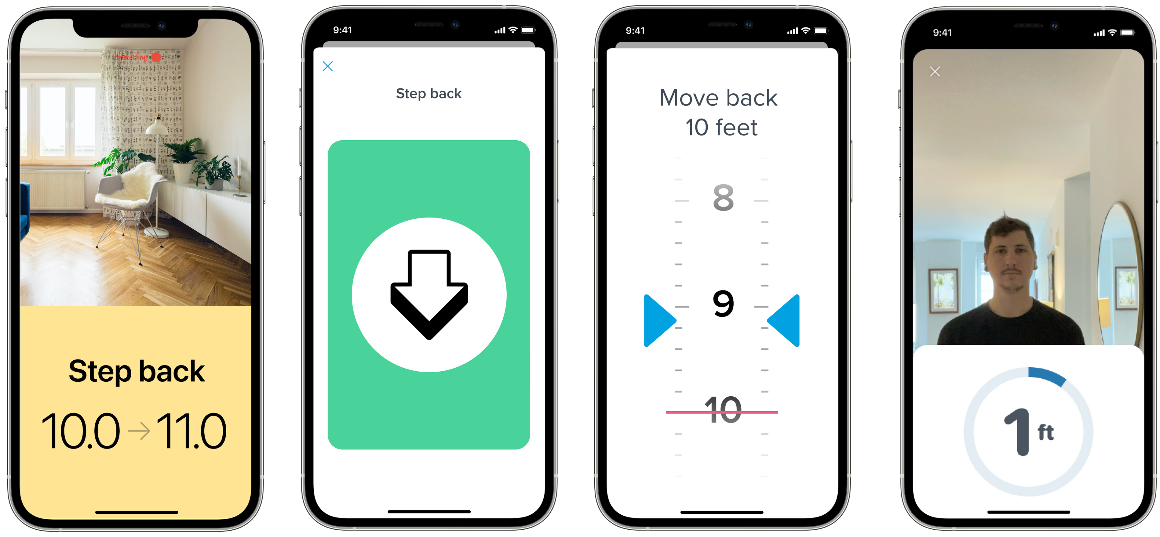 Distance detection prototype screens showing step back instructions, distance ruler, camera preview, and color-coded feedback