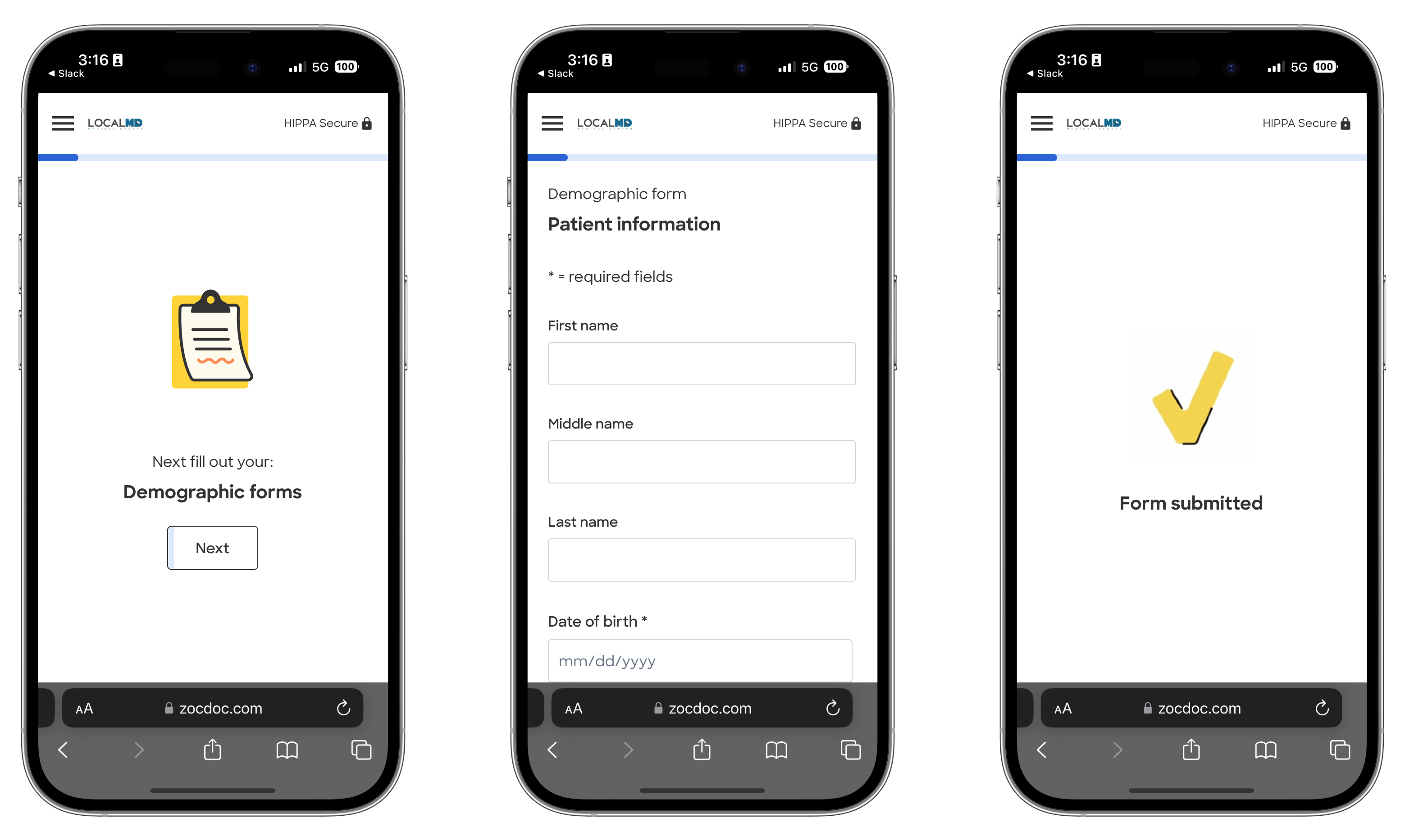 Three screens showing demographic form intro, patient info fields, and form submitted confirmation