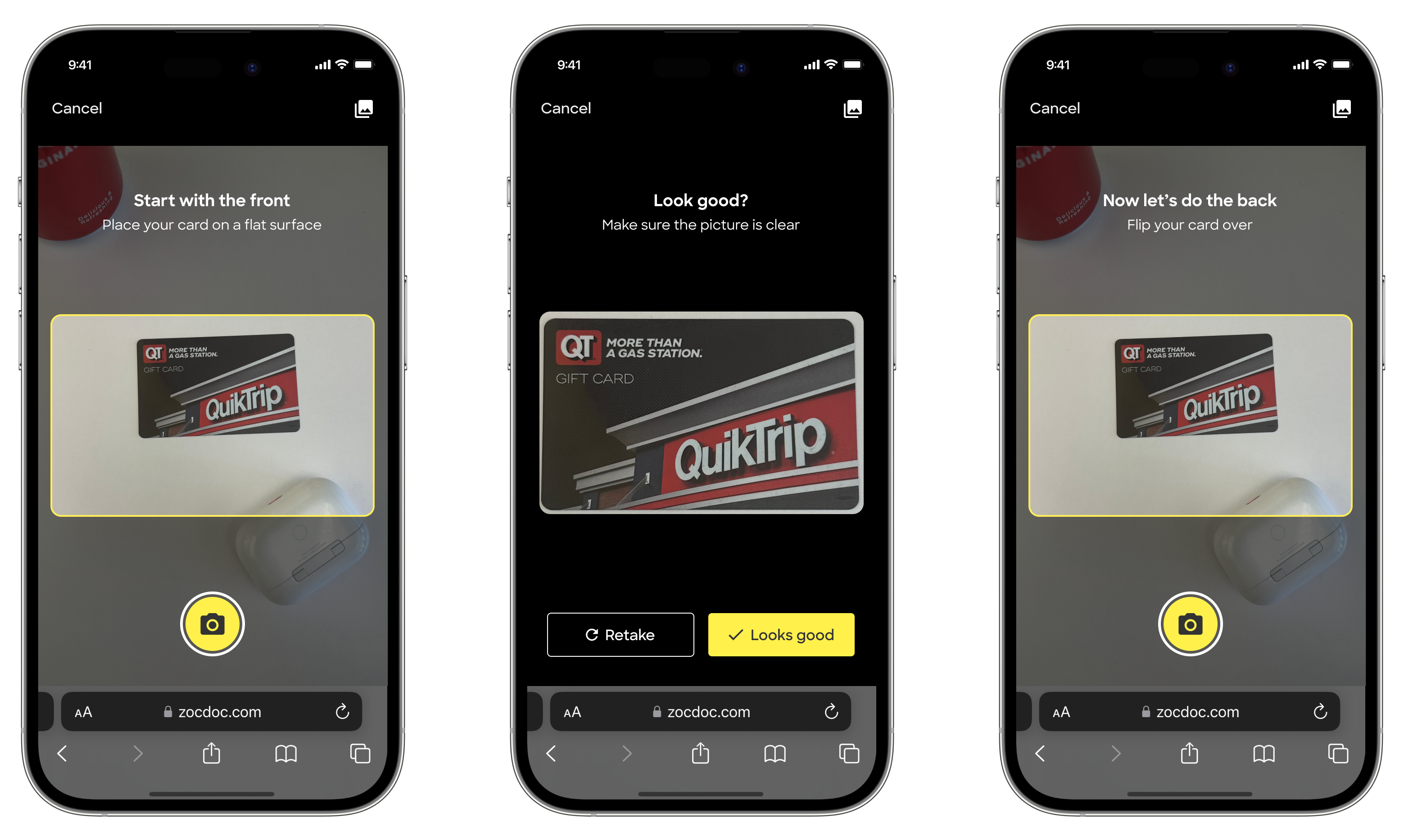 Insurance card scanning flow: camera viewfinder, confirmation screen, flip to back