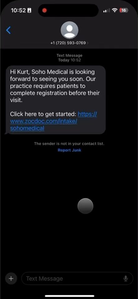 Zocdoc Intake SMS Notification