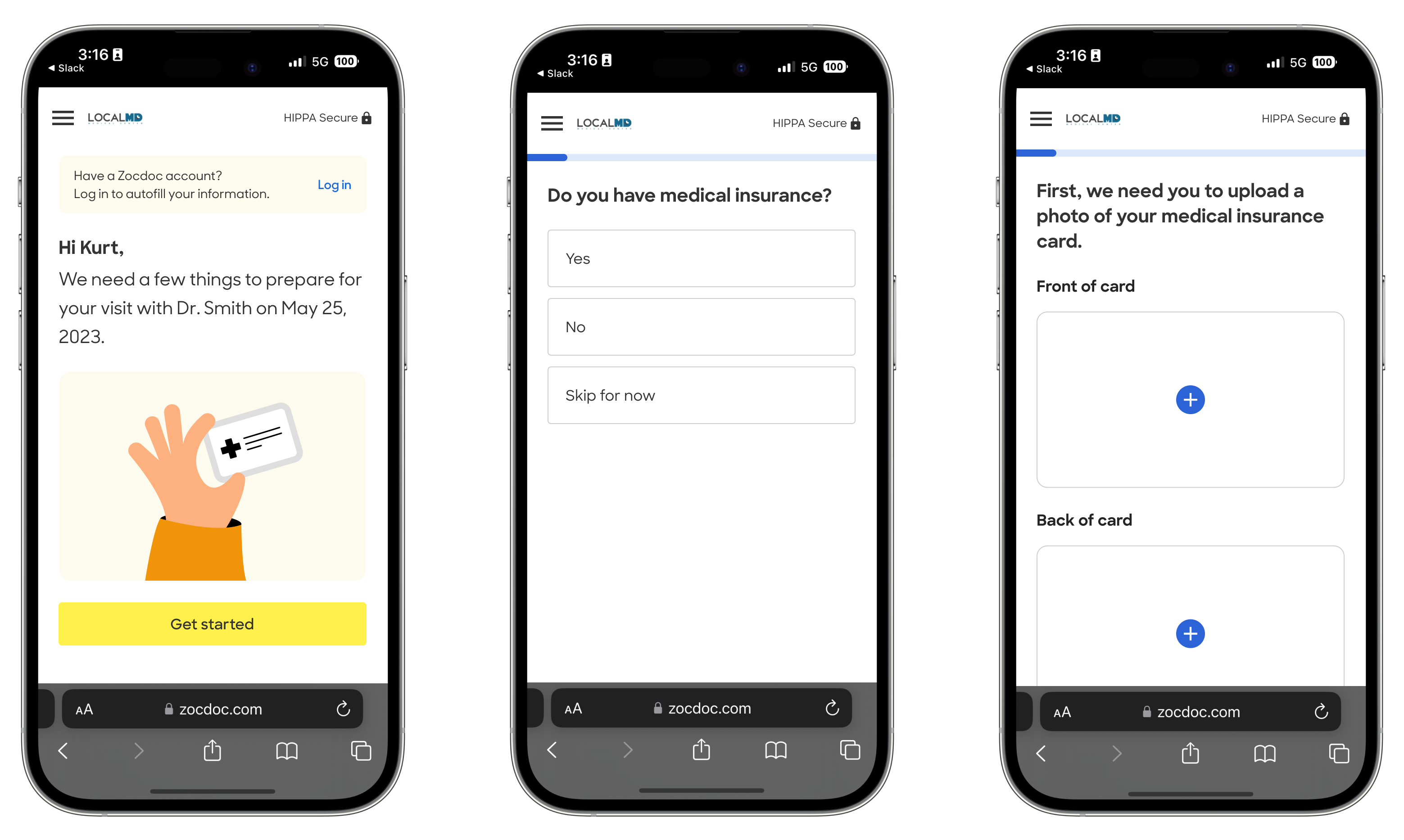 Three screens: personalized greeting with appointment details, insurance question, and card upload