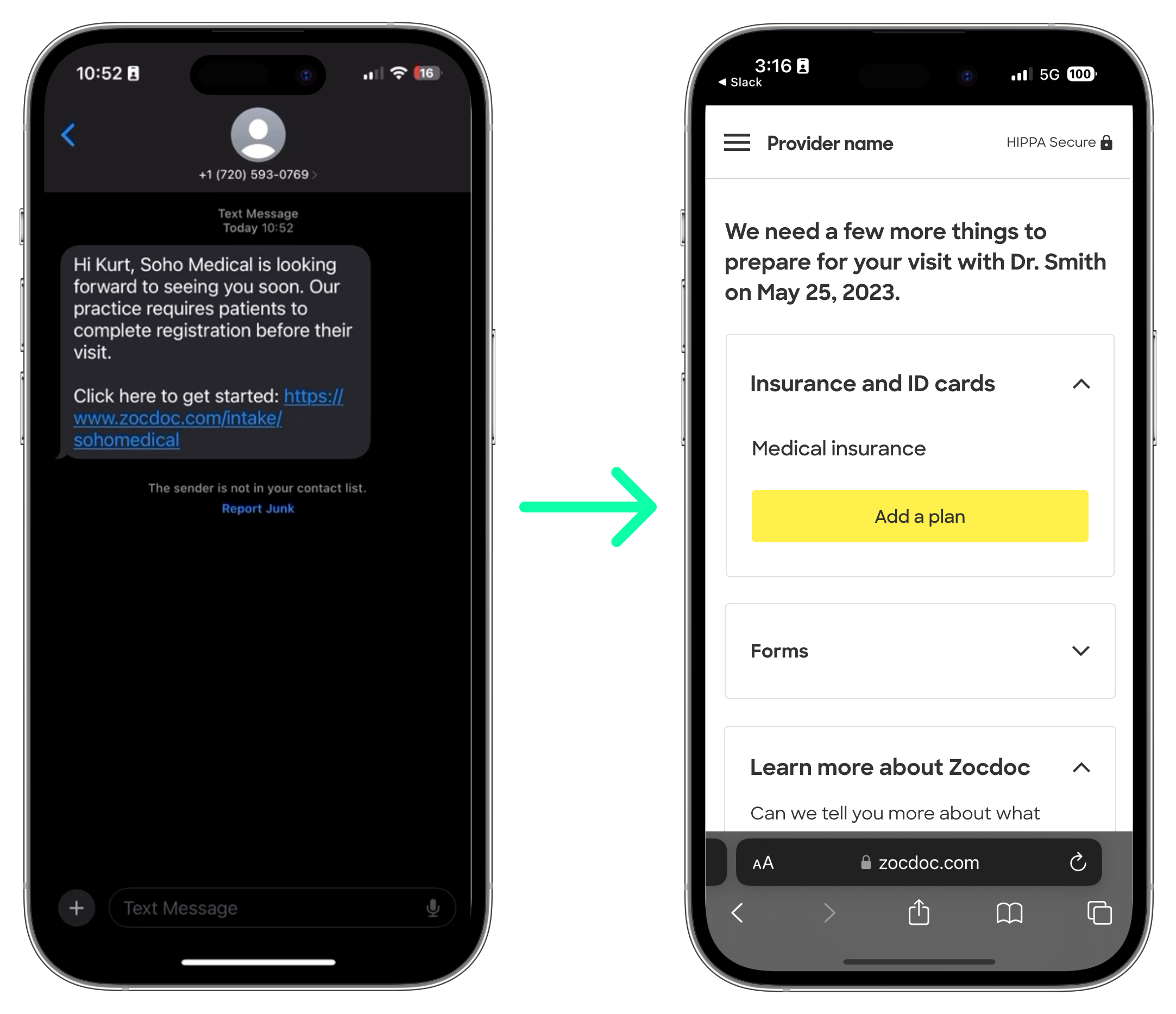 Two iPhones showing SMS intake trigger and the resulting personalized Zocdoc landing page