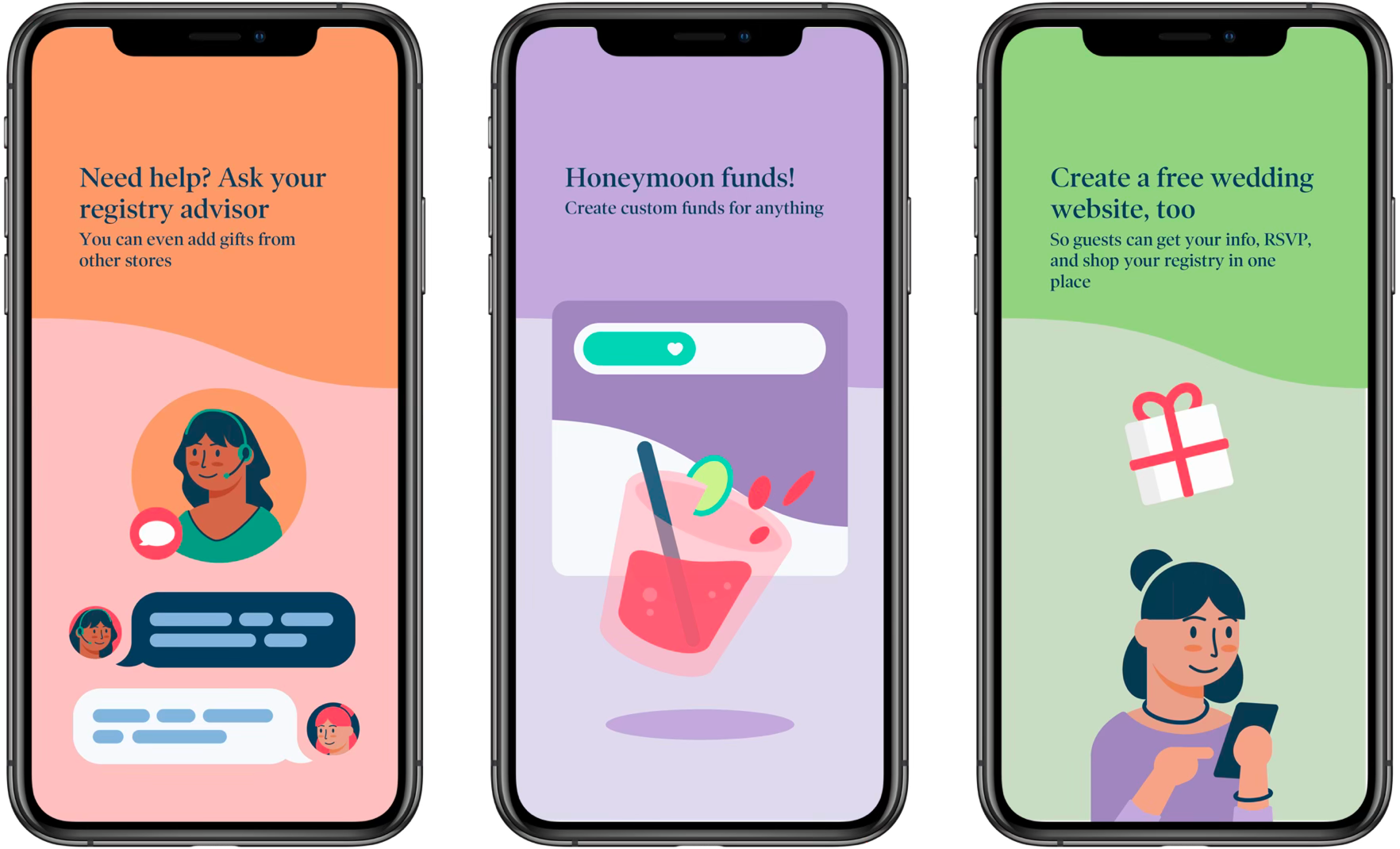 Zola app onboarding screens with custom illustrations