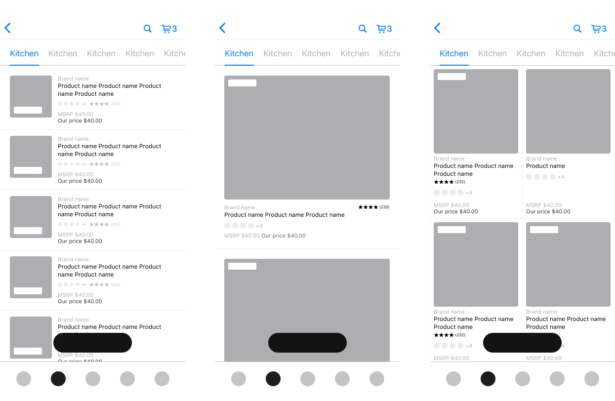 Three PLP layout explorations showing card, row, and grid options